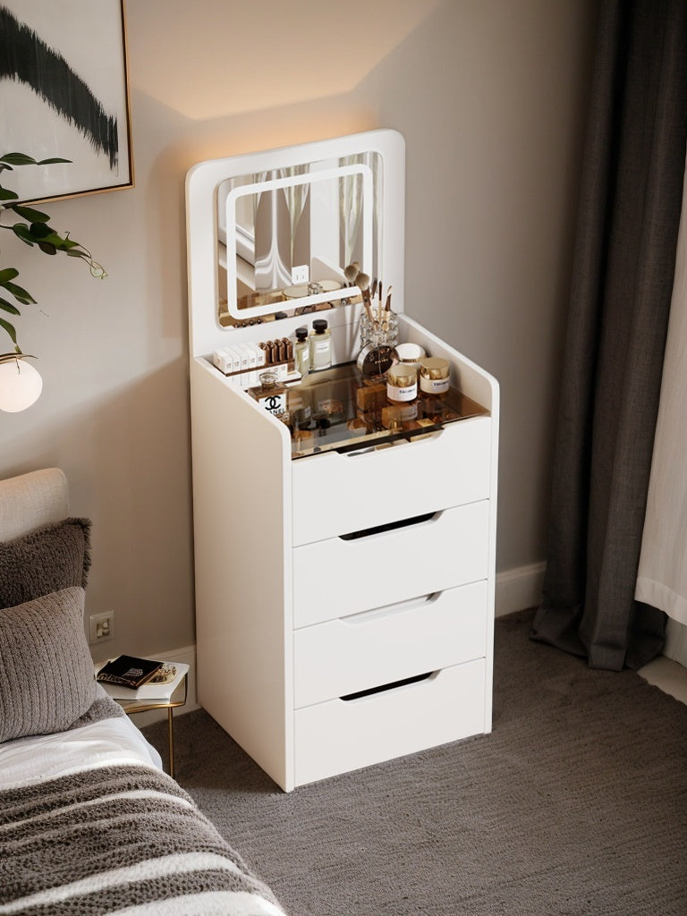 ( 48CM ) 3 in 1 Vanity Desk with Plip Top Mirror, Small Make Up Vanity Set with Visible Glass Desktop, Compact Makeup Vanity with 3 Drawers, Dressing Table for Bedroom ( WHITE COLOR ) - Grand Goldman Shop