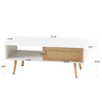 41.34' Rattan Coffee Table, Sliding Door for Storage, Solid Wood Legs, Modern Table for Living Room-White - Grand Goldman Shop