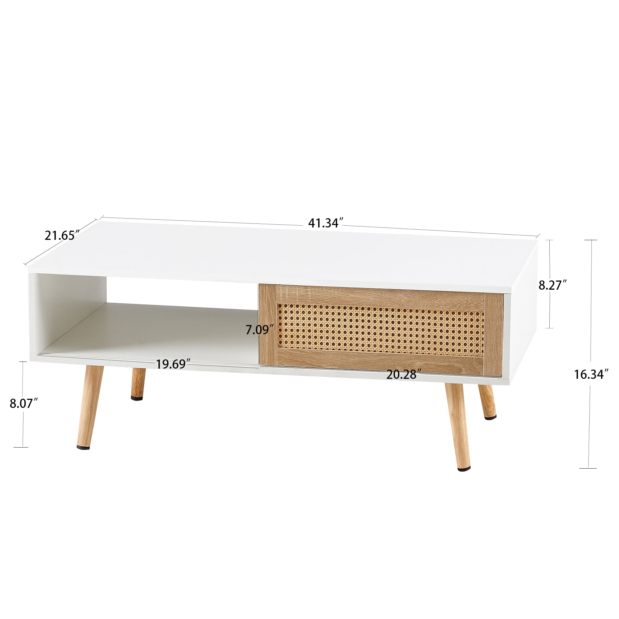 41.34' Rattan Coffee Table, Sliding Door for Storage, Solid Wood Legs, Modern Table for Living Room-White - Grand Goldman Shop