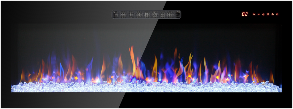 50 inch recessed ultra thin tempered glass front wall mounted electric fireplace with remote and multi color flame & emberbed, LED light heater - Grand Goldman Shop