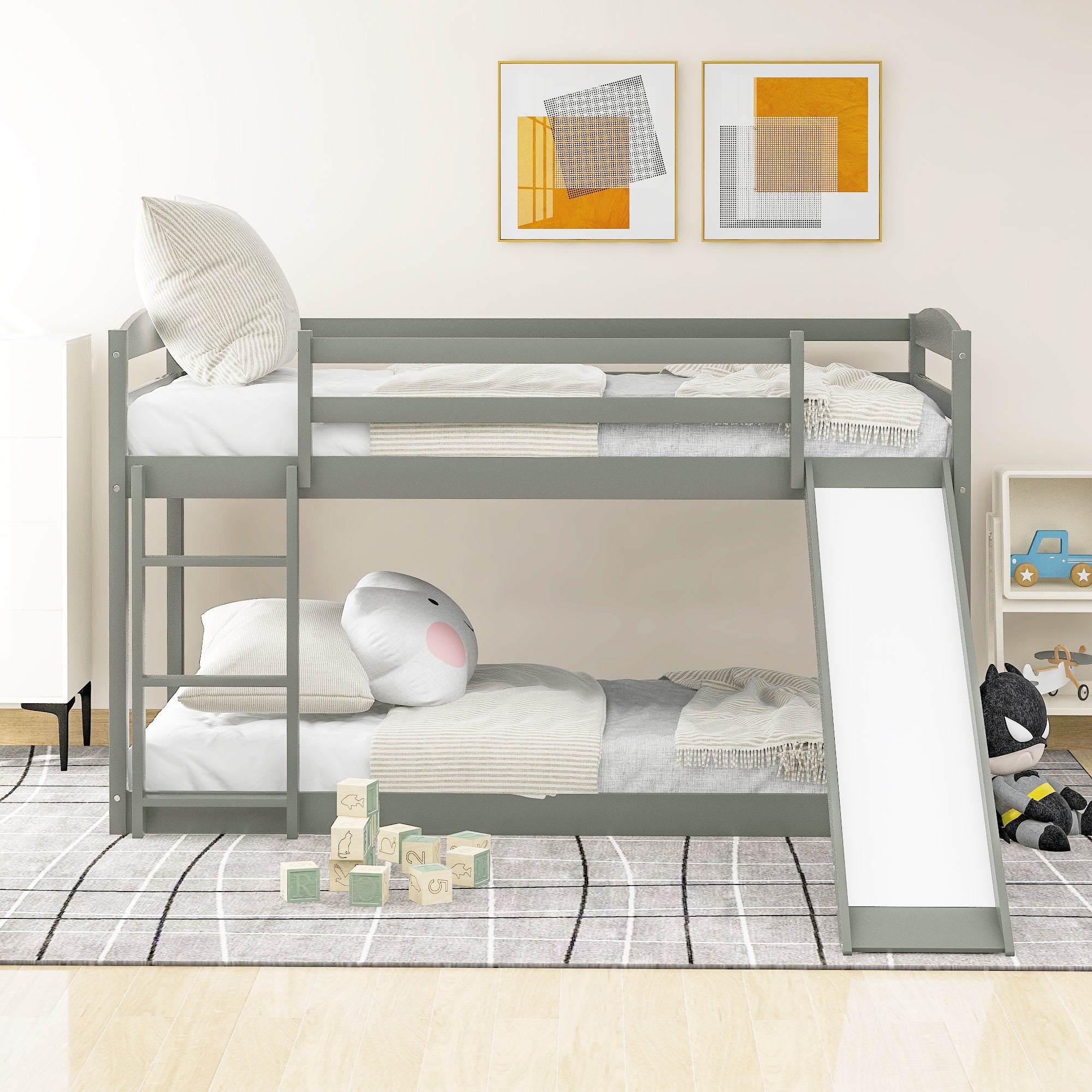 Gray Twin over Twin Bunk Bed with Convertible Slide and Ladder, Pine Wood and MDF, 79.3''L x 84.4''W x 46.5''H - Grand Goldman Shop
