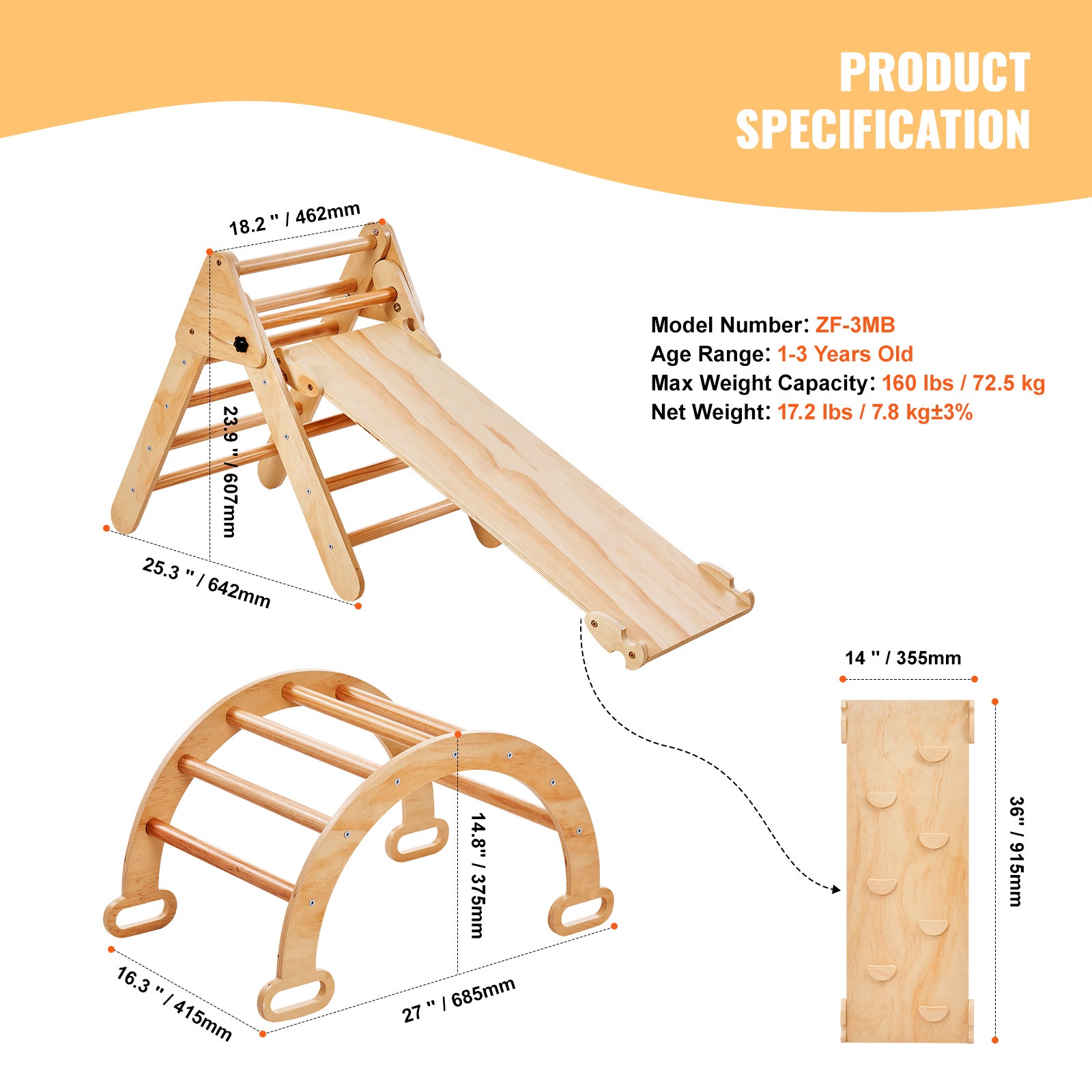 Pikler Triangle Set, 5 in 1 Toddler Climbing Toys Indoor Playground, Ramp, and Arch, Montessori Climbing Set with Triangle, M