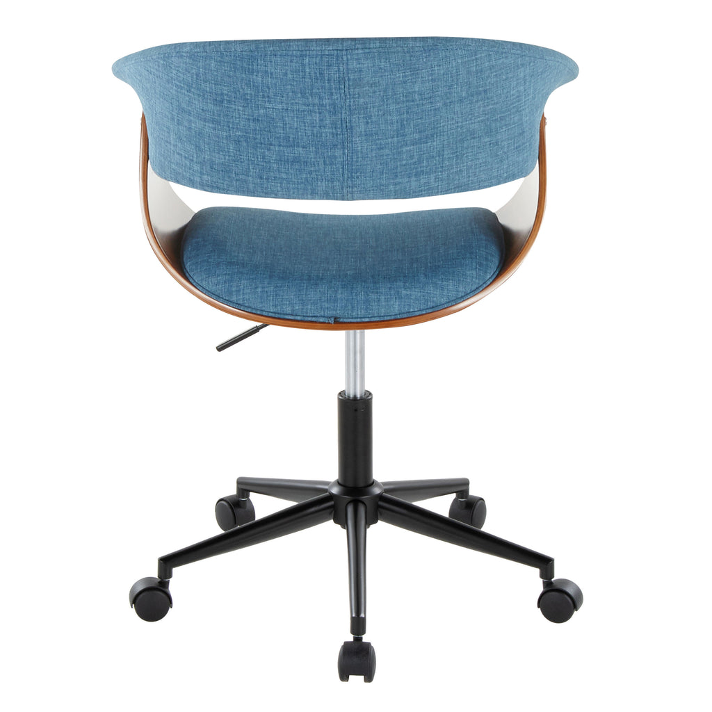 Mid-Century Modern Office Chair in Black Metal, Walnut Wood and Blue Fabric - Grand Goldman