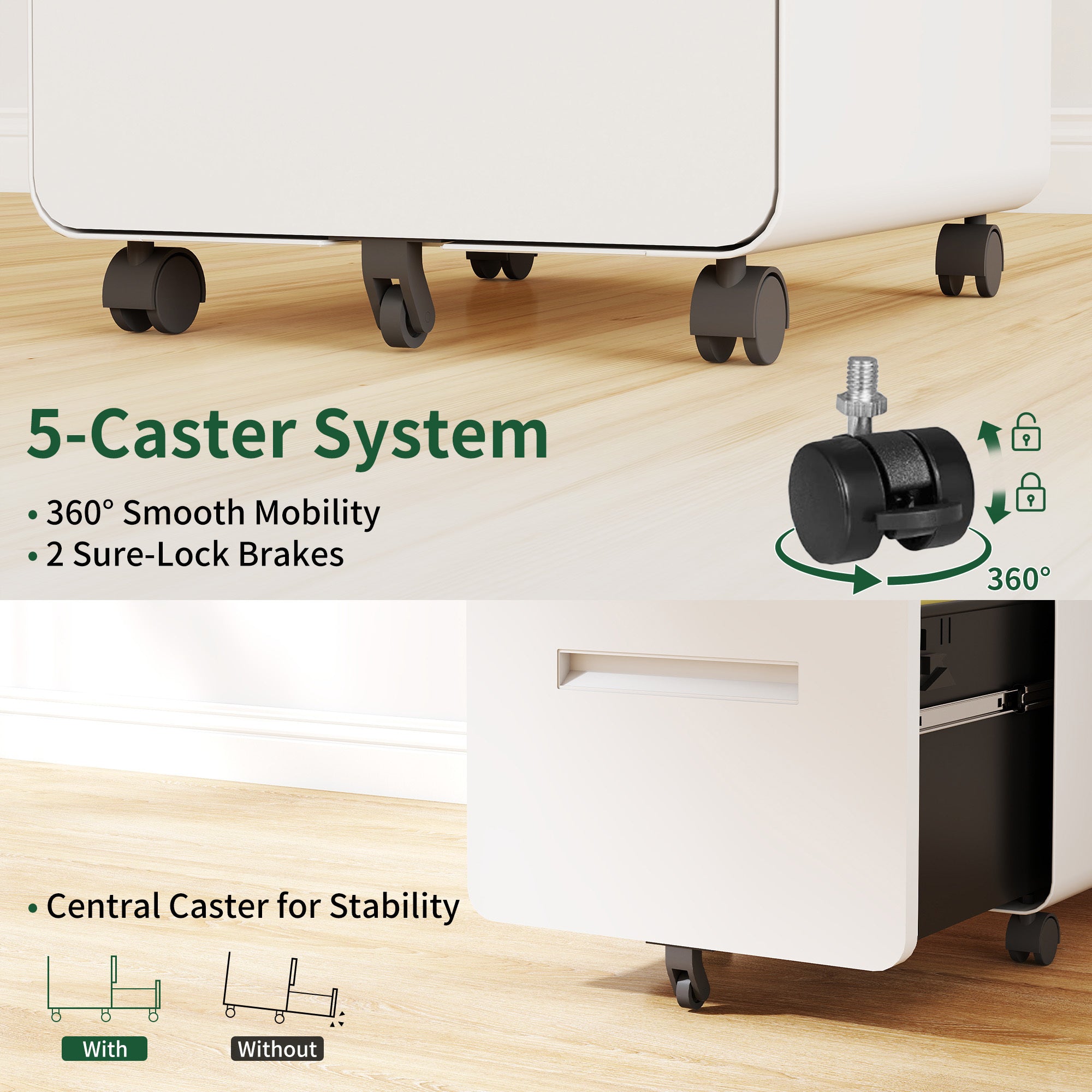 Stylish 3-Drawer Wide Mobile File Cabinet with Lock, All-Steel Metal Storage Cabinet on Casters, White, Fully Assembled, Hold