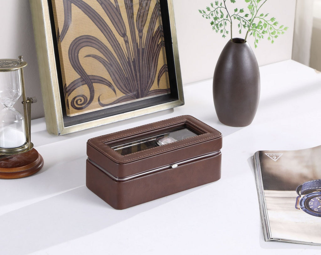 8' Long Tempered Glass and Leather 4-Slot Watch Display Case, Brown - Grand Goldman Shop