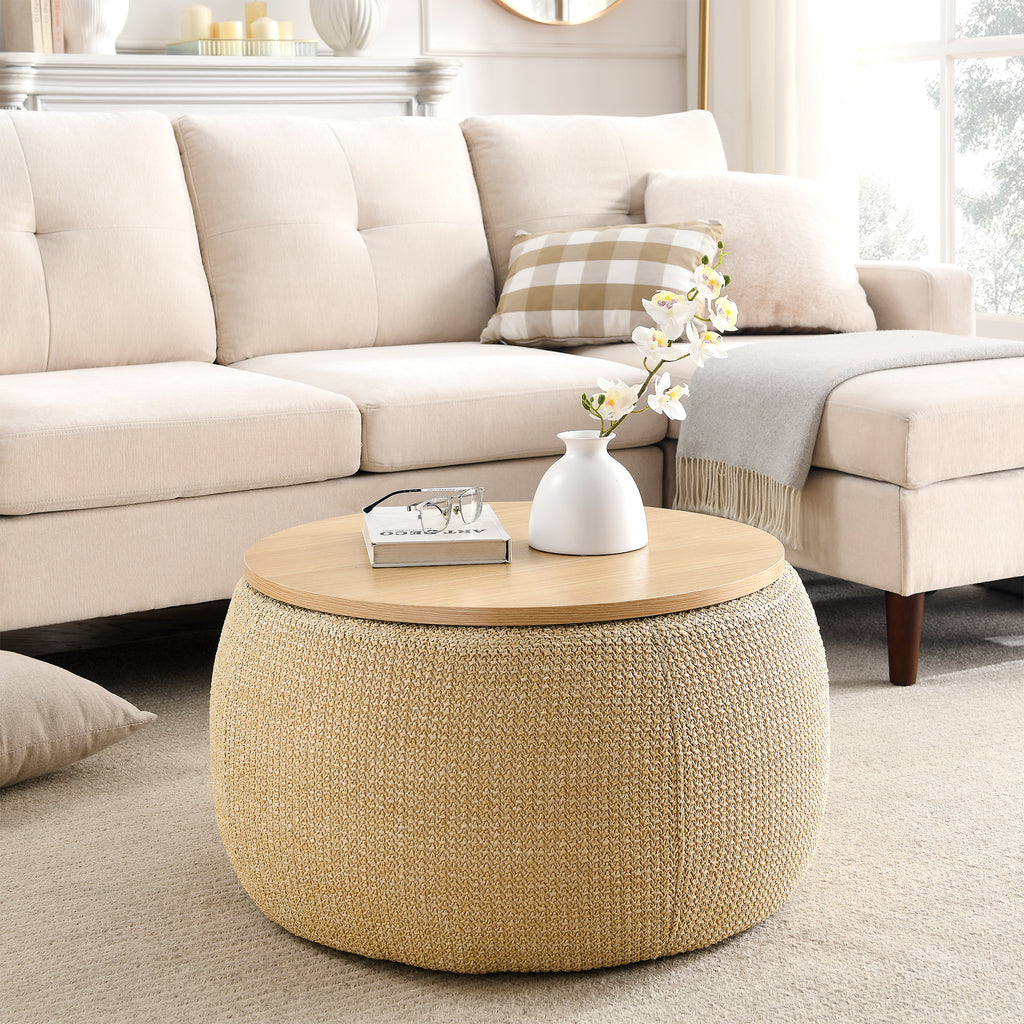 Round Storage Ottoman, 2 in 1 Function, Work as End table and Ottoman, Natural (25.5'x25.5'x14.5') - Grand Goldman Shop