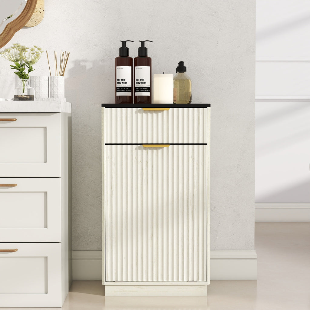 10-Gallon Woodgrain Tilt-Out Trash Can Cabinet Wooden Garbage Recycling Cabinet with Wave-Textured Hideaway Drawer&Pull-Out Bin-Multipurpose Kitchen/Bath Organizer in Antique White Finish - Grand Goldman Shop