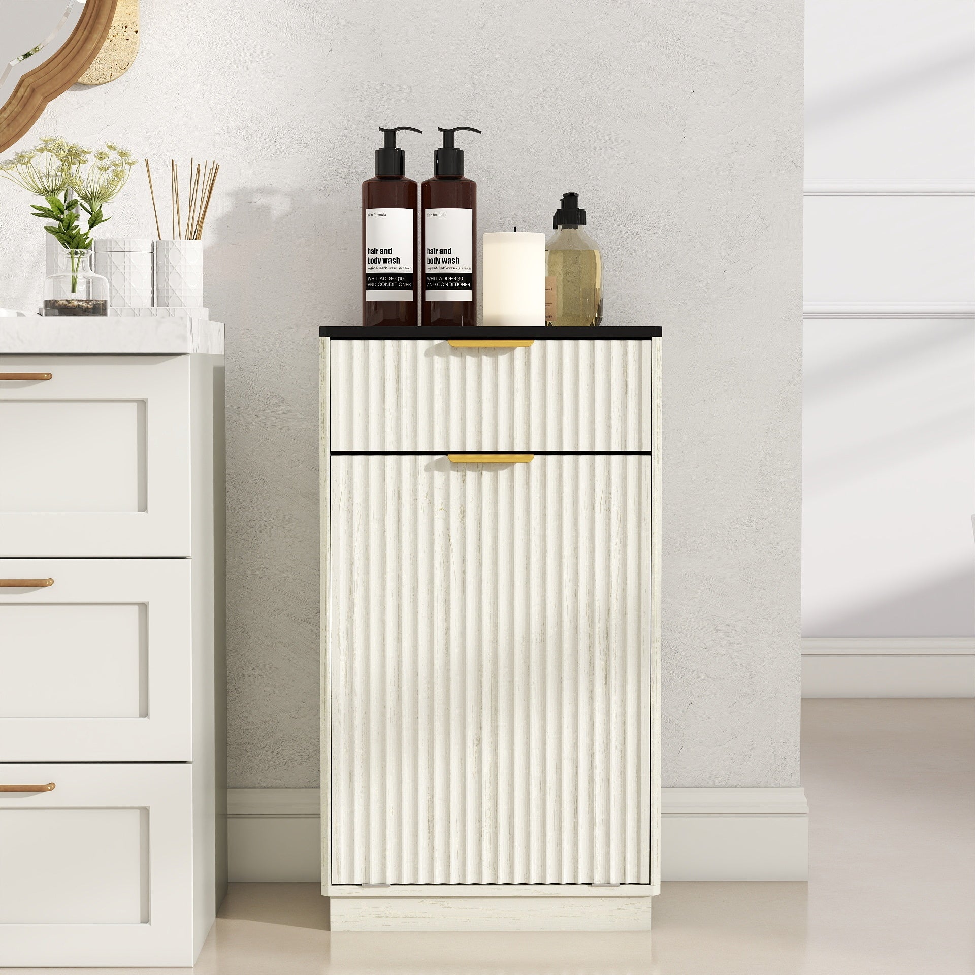 10-Gallon Woodgrain Tilt-Out Trash Can Cabinet Wooden Garbage Recycling Cabinet with Wave-Textured Hideaway Drawer&Pull-Out Bin-Multipurpose Kitchen/Bath Organizer in Antique White Finish - Grand Goldman Shop