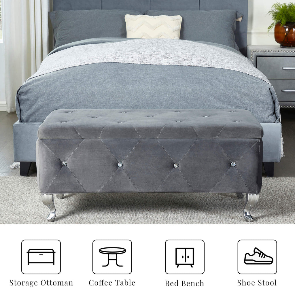Tufted Storage Ottoman Bench For Bedroom End Of Bed Large Upholstered Storage Benches Footrest With Crystal Buttons For Living Room Entryway (Grey) - Grand Goldman Shop