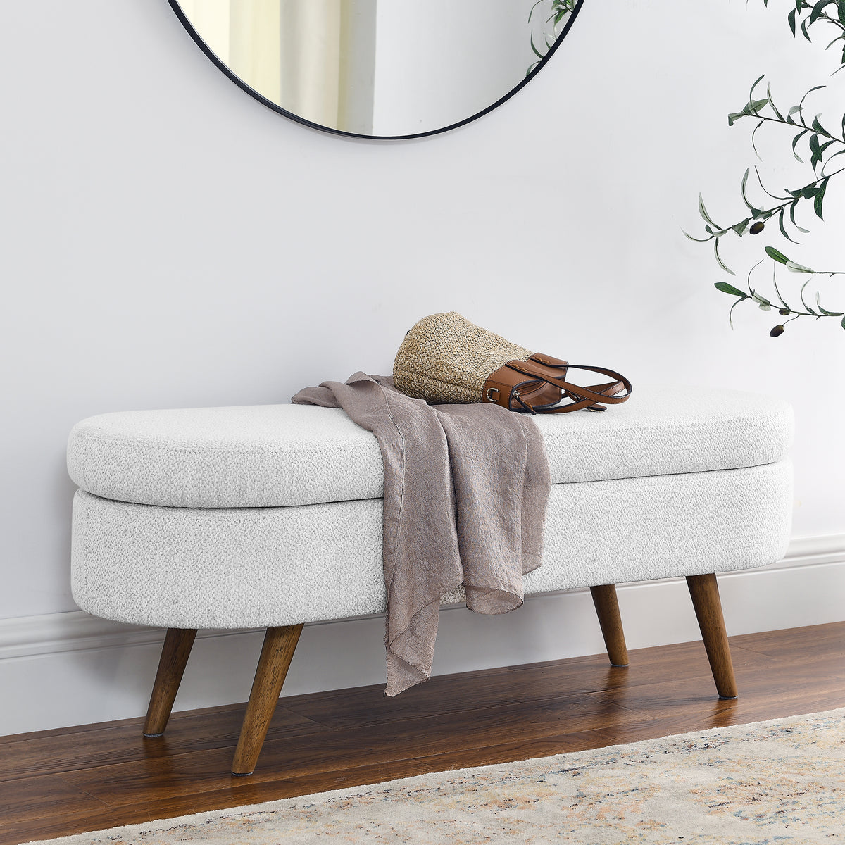 Ottoman Oval Storage Bench,Rubber Wood Legs,White(43.5'x16'x16') - Grand Goldman Shop