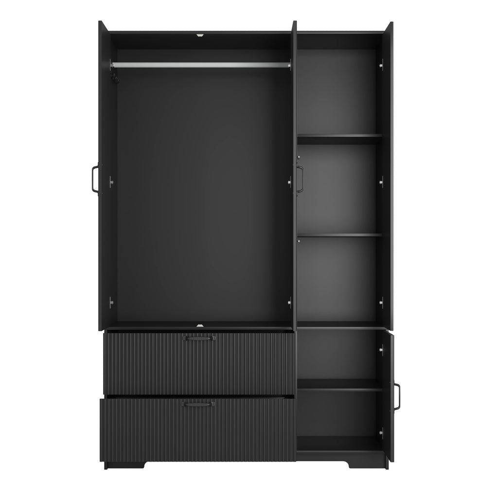 4 Doors Wardrobe Closet with Mirror, LED Wardrobe with Doors and 2 Drawers, Wooden Wardrobe Storage Cabinet with Hanging Rod, Adjustable Shelves, Black - Grand Goldman Shop