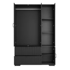 4 Doors Wardrobe Closet with Mirror, LED Wardrobe with Doors and 2 Drawers, Wooden Wardrobe Storage Cabinet with Hanging Rod, Adjustable Shelves, Black - Grand Goldman Shop