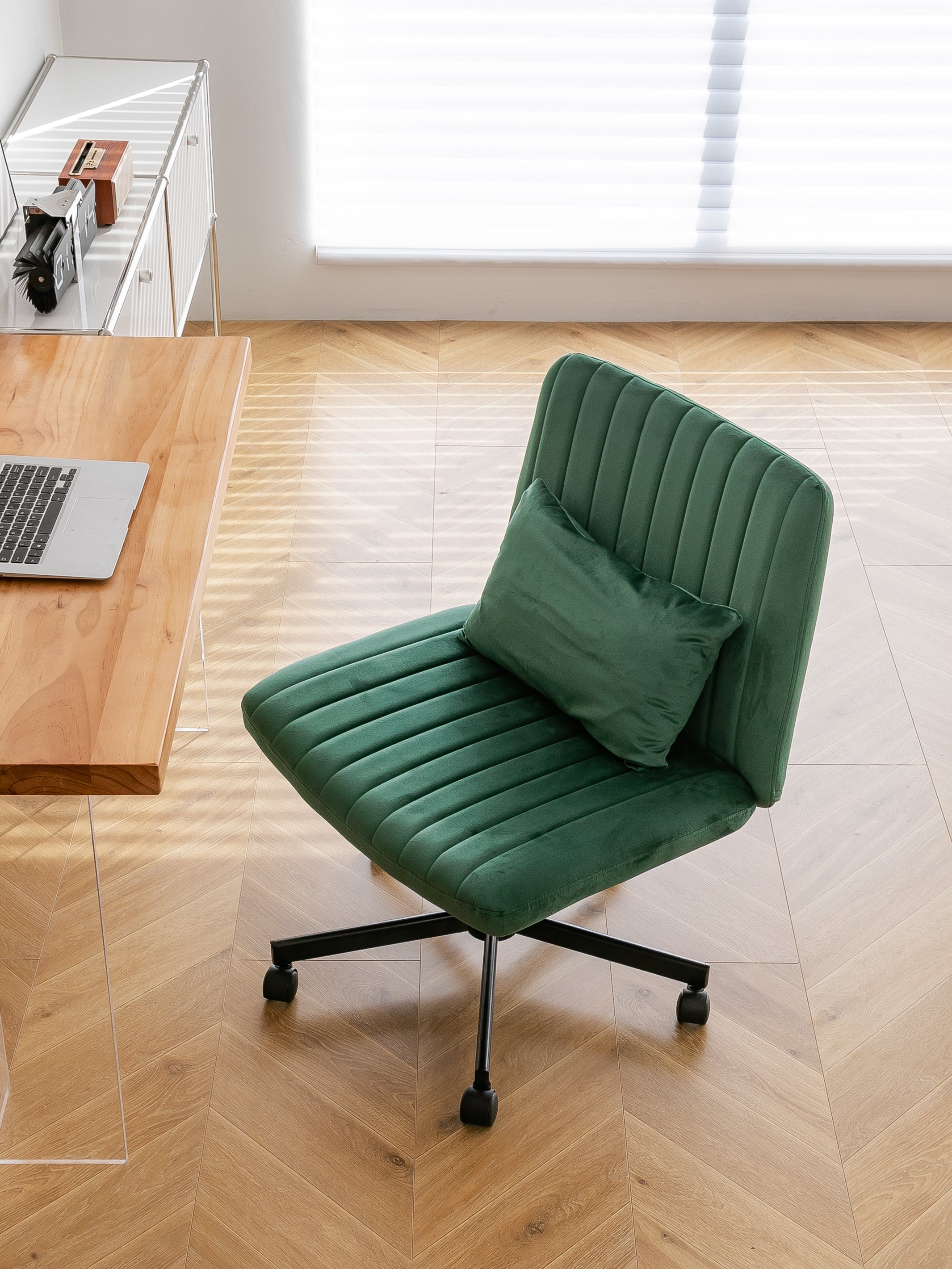 Green Velvet Criss Cross Armless Office Chair with Wheels - Comfortable & Stylish for Home Office, Meditation, and Makeup Use