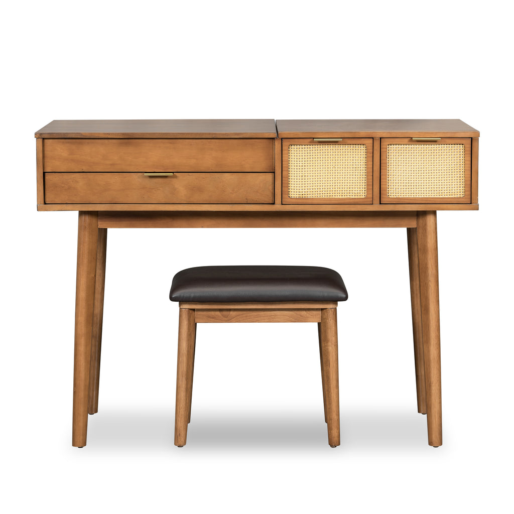 43.3' Classic Wood Makeup Vanity Set with Flip-top Mirror and Stool, Dressing Table with Three Drawers and storage space, Brown - Grand Goldman Shop
