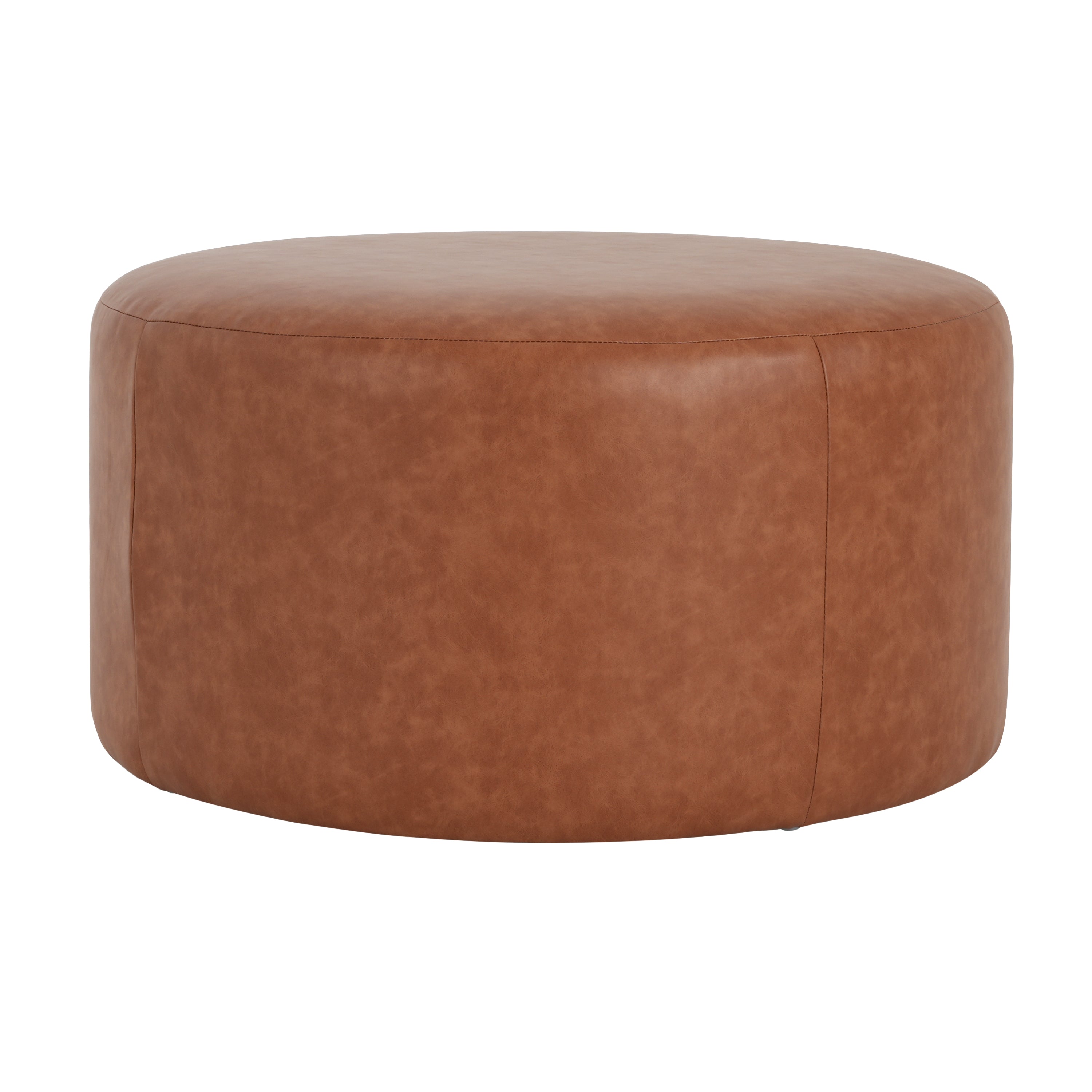 Upholstered Round Ottoman,PU Leather, Cognac Brown - Grand Goldman Shop