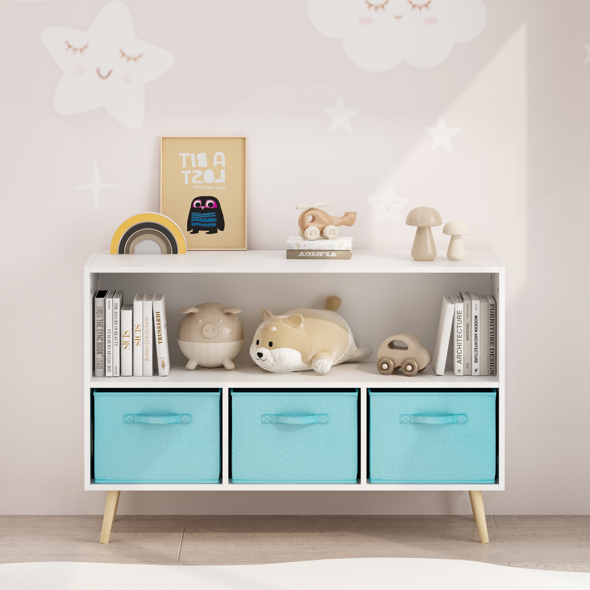 Kids bookcase with Collapsible Fabric Drawers, Children's Book Display, Toy Storage Cabinet Organizer, White/Blue | Premium H