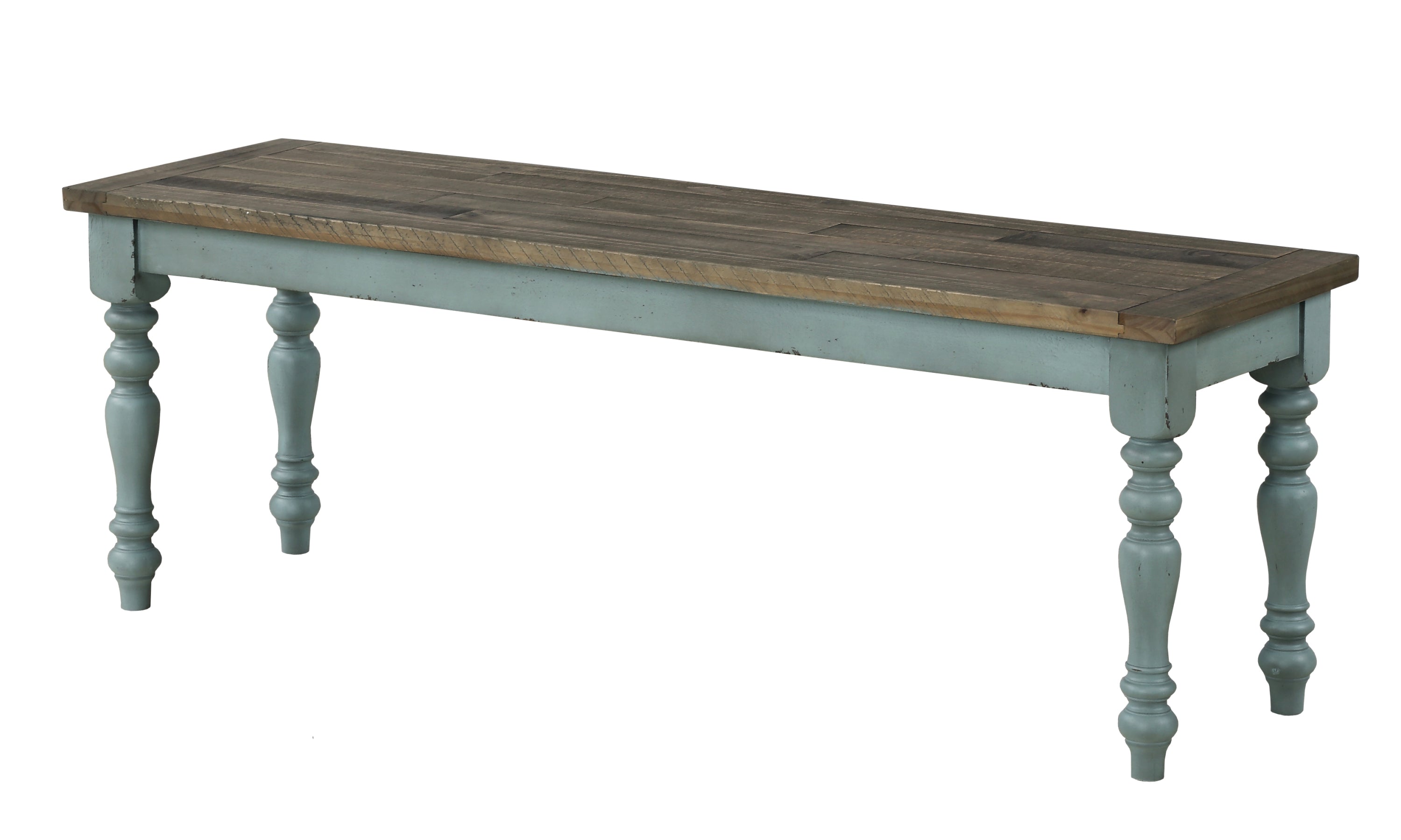 Prato Two-Tone Wood Upholstered Dining Bench, Antique Brown and Distressed Blue - Grand Goldman Shop