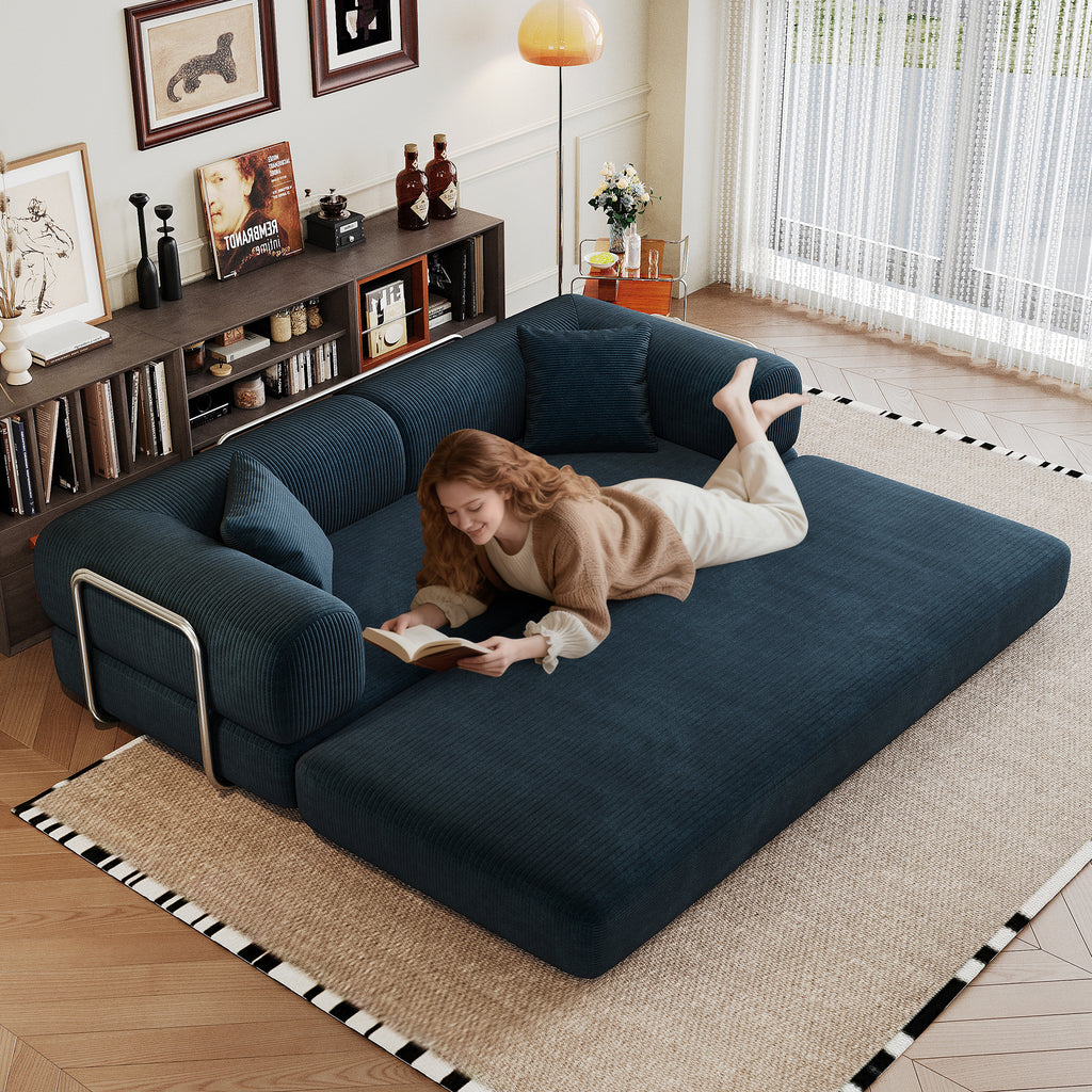 78.8' Compression Sofa,Convertible Floor Sofa Bed-with Pillow Back Support Armrest,Comfy Futon Couch Sleeper Bed,Loveseats Boneless Modular Sectional Sofa,Corduroy fabric,for Living Room,Bedroom,Blue - Grand Goldman Shop