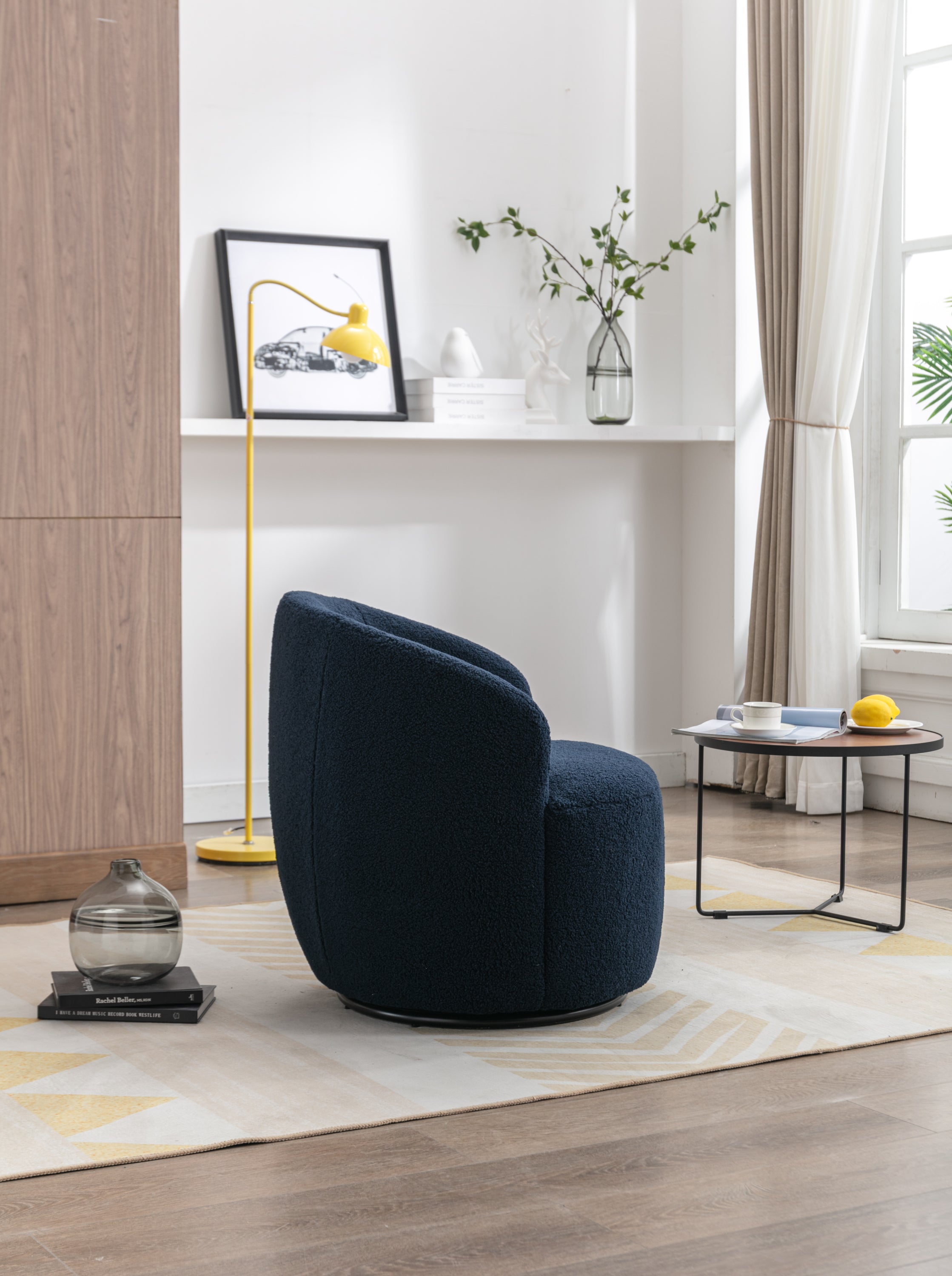 Teddy Fabric Swivel Accent Armchair Barrel Chair With Black Powder Coating Metal Ring,Dark Blue - Grand Goldman Shop