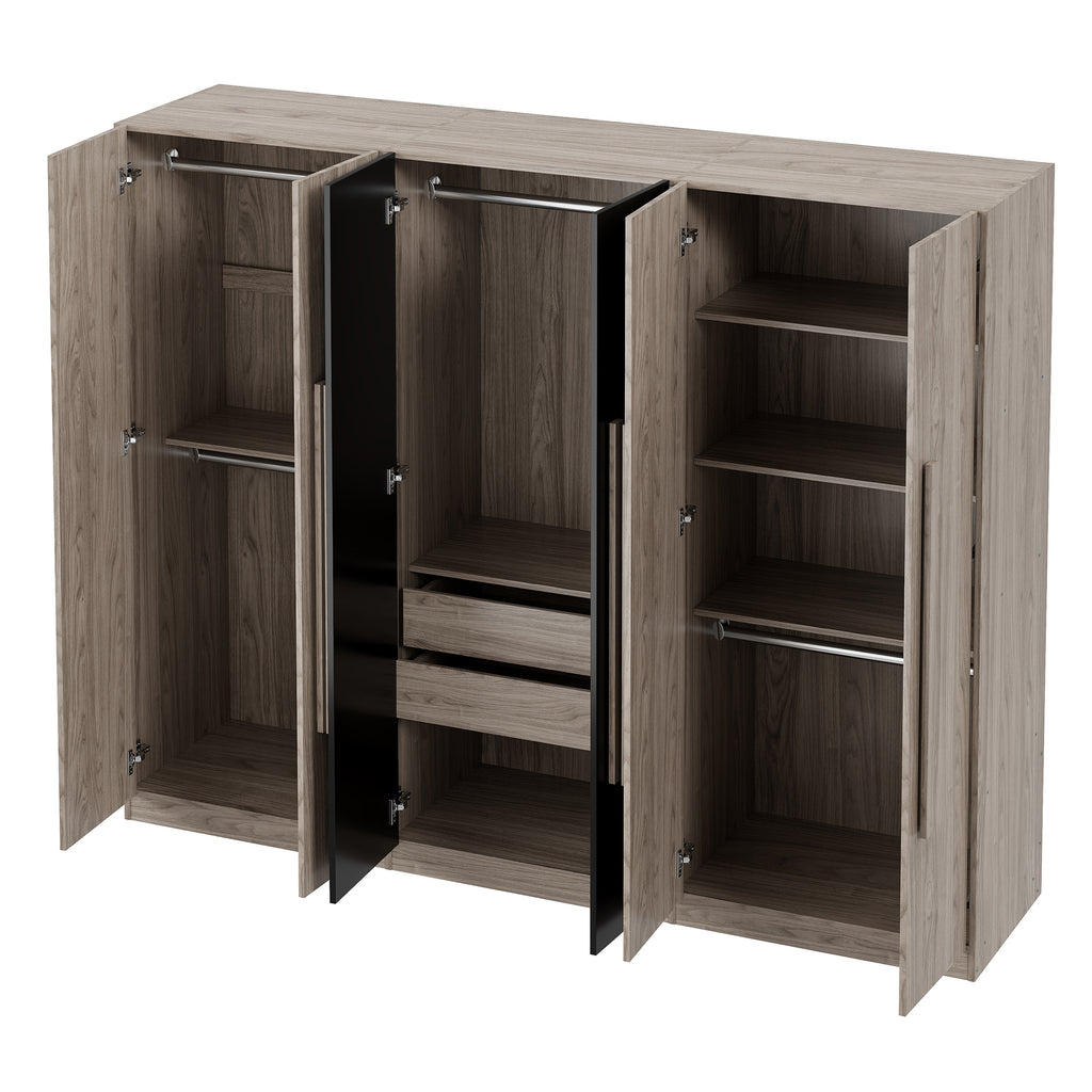6-Doors Wooden Wardrobe Storage for Bedroom,with 2 Drawers Inside,Black+Nature - Grand Goldman Shop