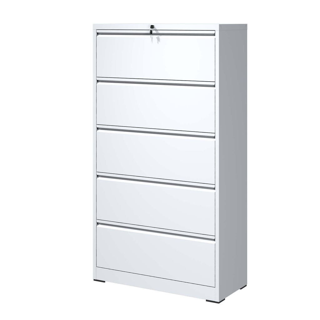 5 Drawer Metal Lateral File Cabinet , White Filing Cabinet with Lock, Lockable File Cabinet for Home Office, Locking Metal Fi