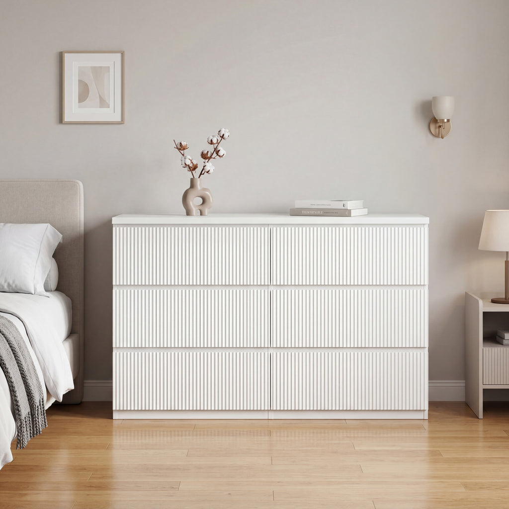 Modern White 6 Drawer Dresser, Wave Panel Drawer Fronts, Storage Cabinet, Versatile Chest of Drawers for Bedroom, Living Room - Sleek & Spacious Home Storage Solution - Grand Goldman Shop