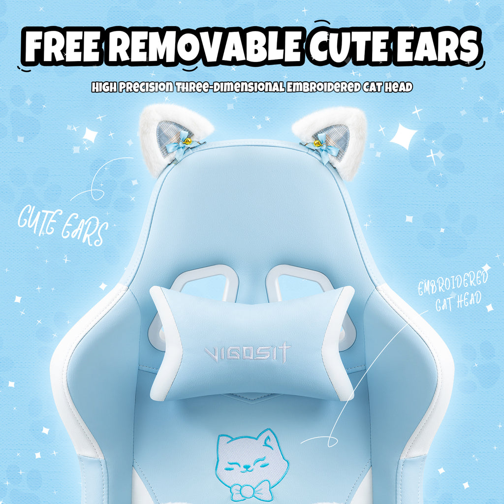 Cat Ears Gaming Chair - Ergonomic PU Leather Office Chair, Cute Chair with Footrest for Adult 310lbs Capacity, 90°-155° Recli