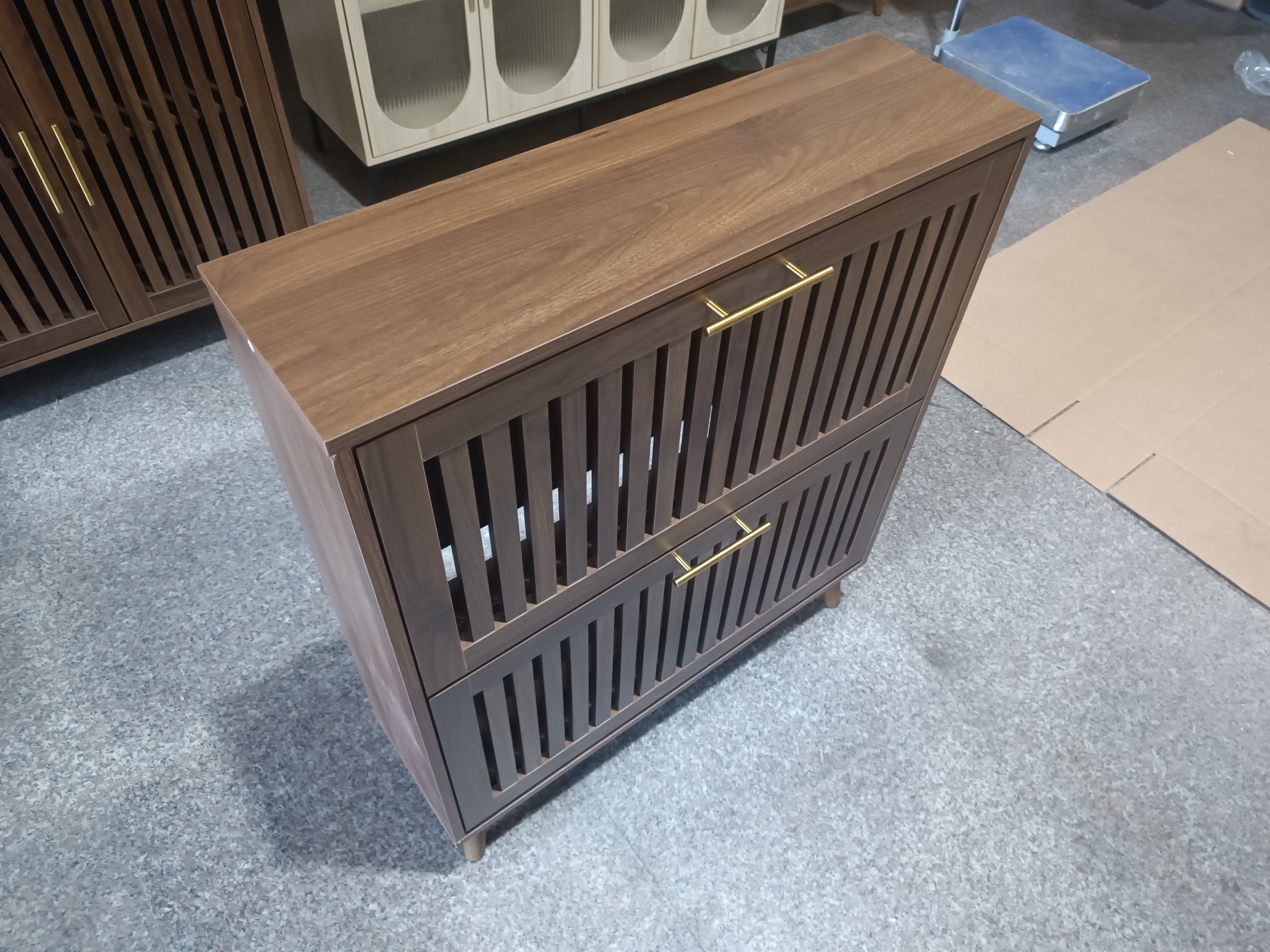 Medieval Modern Walnut Shoe Storage Cabinet With 2 Flip Drawers And Fence Design, 31.5-Inch, Particle Board + MDF - Grand Goldman Shop