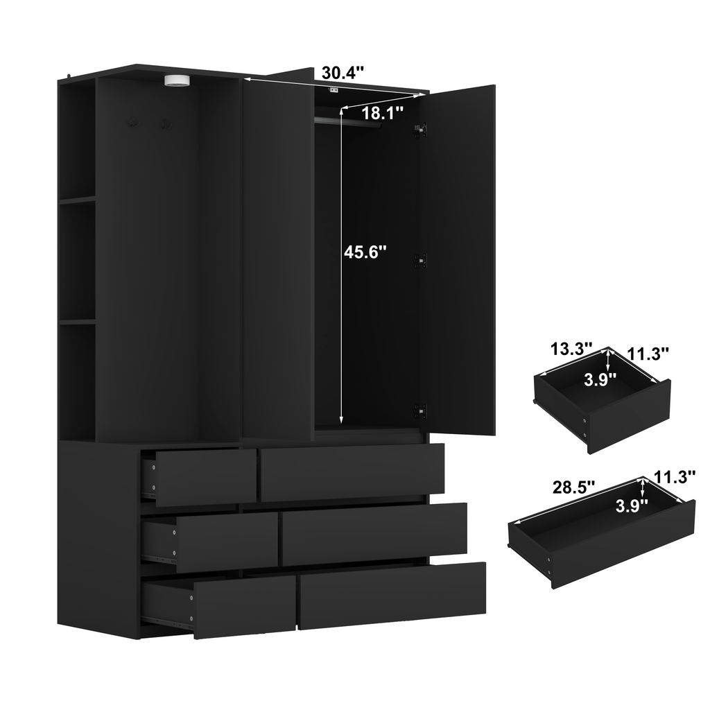 Wardrobe Closet 71.7' H, Bedroom Wooden Wardrobe with 2 Doors 6 Drawers, Modern Clothing Storage Cabinet Combination with Storage Shelves and Hanging Rail, Black - Grand Goldman Shop