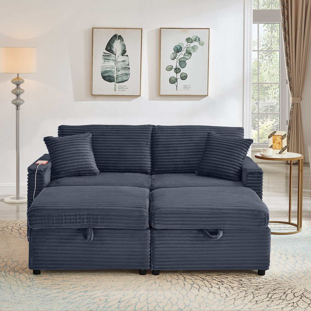 Comfortable Fluffy Corduroy Lazy Sofa, Storage Space for Big Loveseat, Super Soft Chaise Lounge with Double Ottomans and Table Board,Suitable for Chailiving - Grand Goldman Shop
