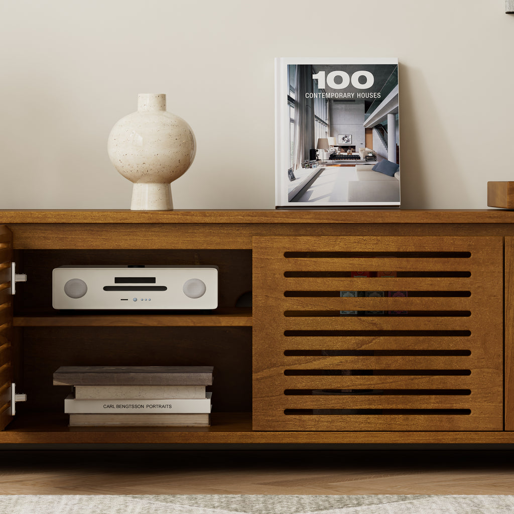 63' Mid-Century Modern Extendable TV Stand for TVs up to 75', Media Console TV Cabinet for Living Room, Farmhouse Entertainment Cabinet with Storage & Adjustable Panel - Grand Goldman Shop