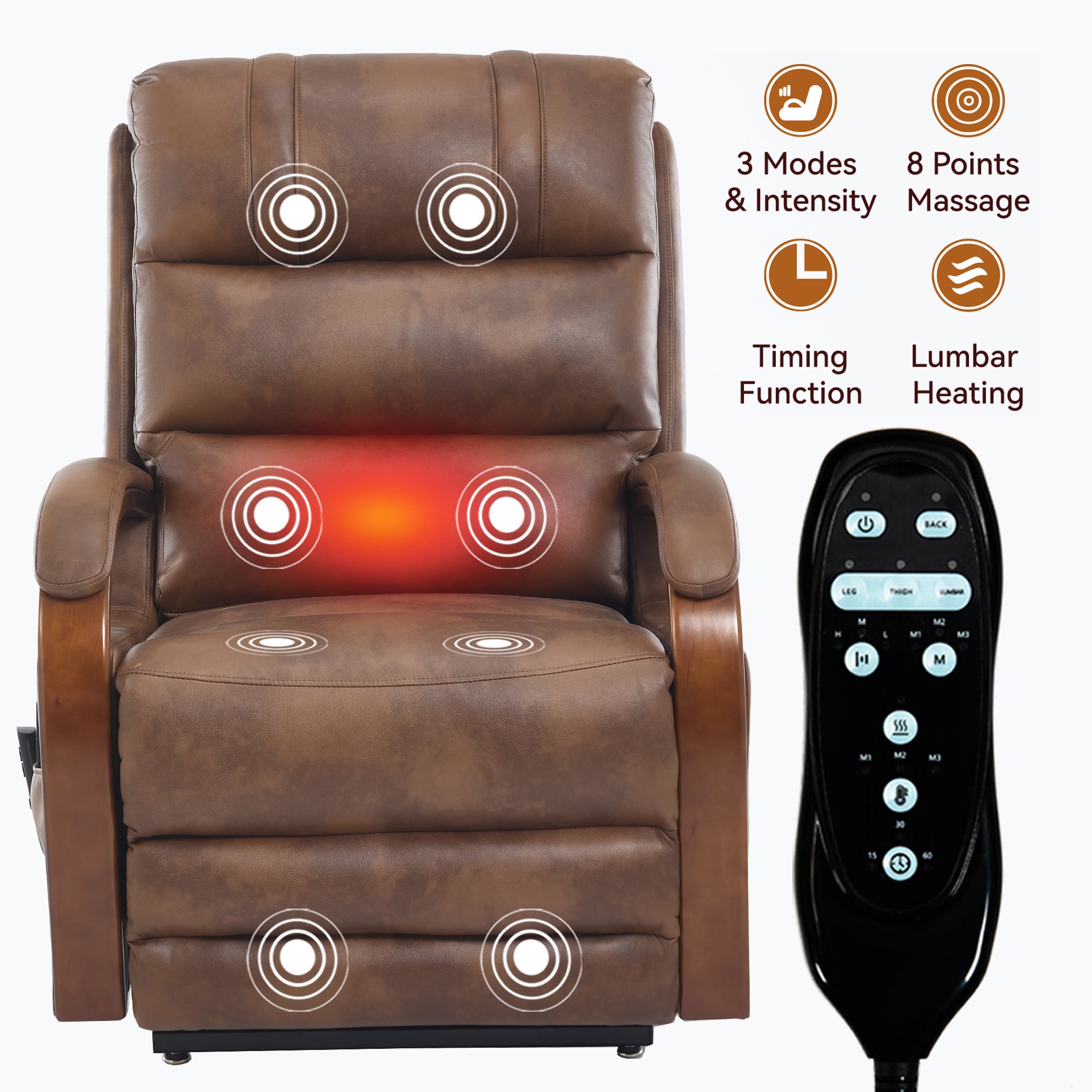 Power Brown Leatheraire Lift Recliner Chair Dual Motor Infinite Position Up to 350 LBS with Solid Wood Armrests, Heat Massage and Heavy Duty Motion Mechanism - Grand Goldman Shop