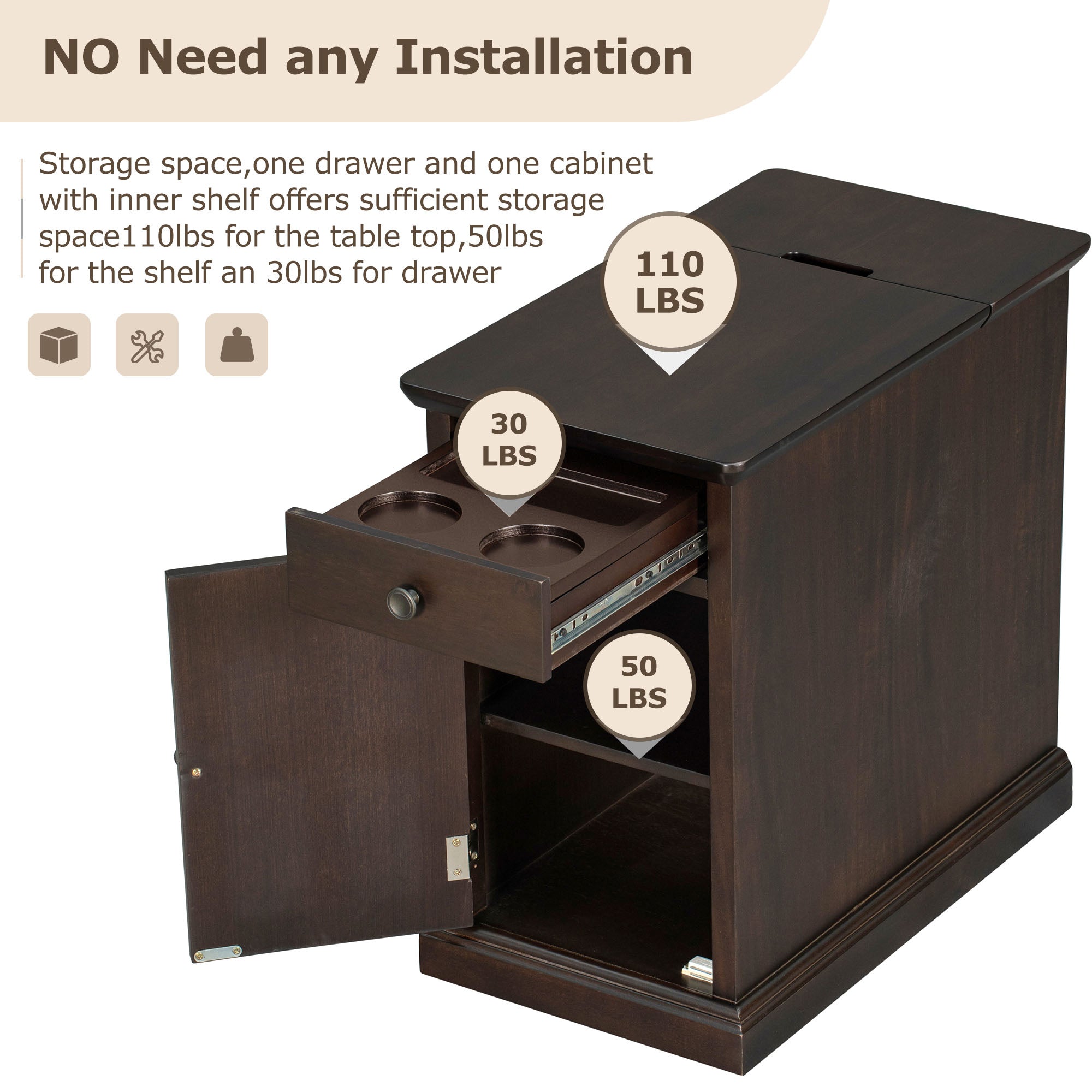 U-Can Classic Vintage Livingroom End Table Side Table with USB Ports and One Multifunctional Drawer with cup holders, Antique Espresso (Old SKU: WF296294AAP) - Grand Goldman Shop