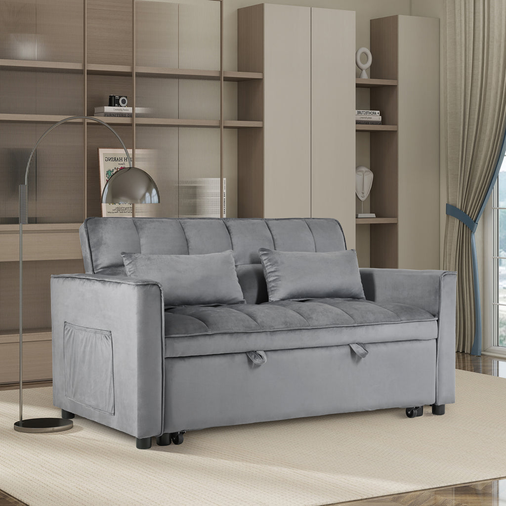 Convertible Sofa Bed, 3-in-1 Pull Out Couch Bed with Reclining Backrest, Pillows, Light Gray Velvet. - Grand Goldman Shop