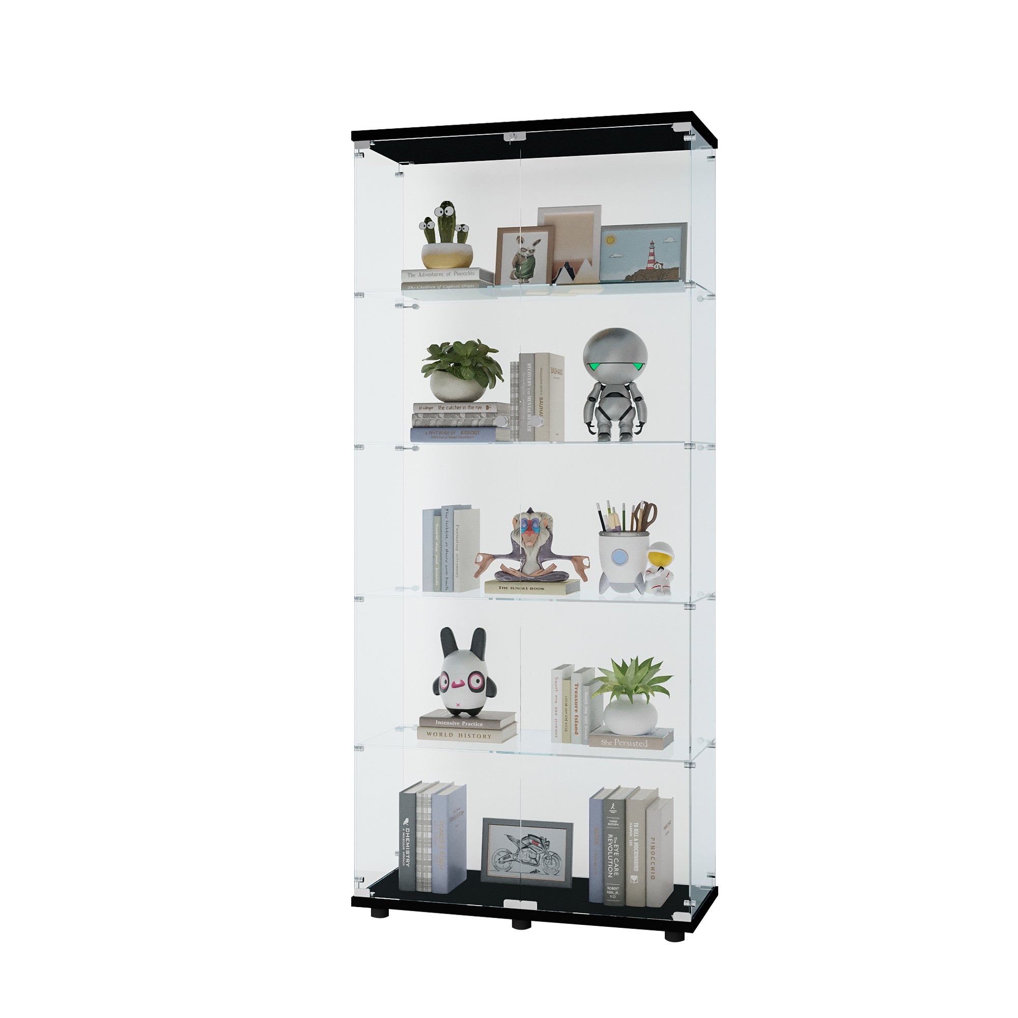Glass Display Cabinet with 5 Shelves Double Door, Curio Cabinets for Living Room, Bedroom, Office, Black Floor Standing Glass