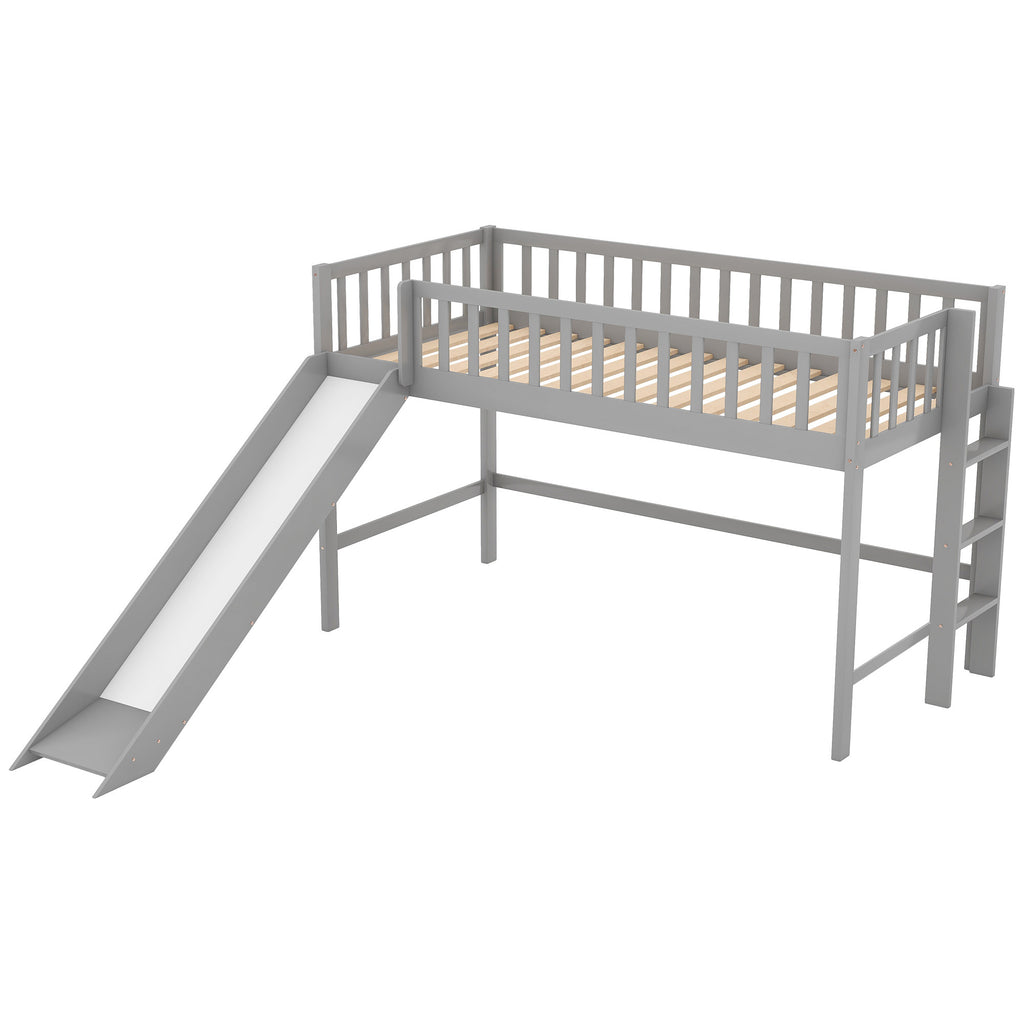 Twin Size Low Loft Bed with Ladder and Slide, Gray(OLD SKU:WF196418AAE) - Grand Goldman Shop