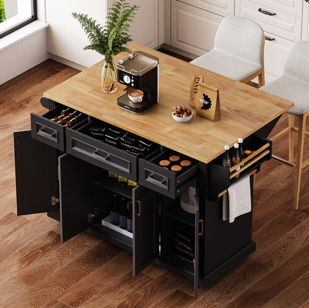 K&K 54inch Large Kitchen Island with Rubber Wood Drop Leaf, Embossed Texture Rolling Kitchen Cart on 4 Wheels with 4 Doors and 3 Drawers, Kitchen Island with Storage for Kitchen, Dining Room,Black - Grand Goldman Shop