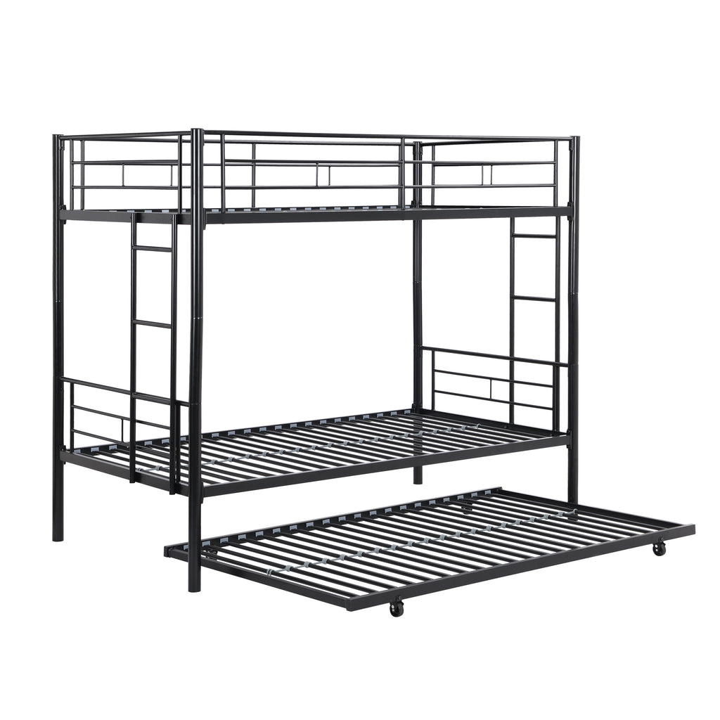 Modern Twin Over Twin Metal Bunk Bed with Trundle Black Durable Space-Saving Design - Grand Goldman Shop