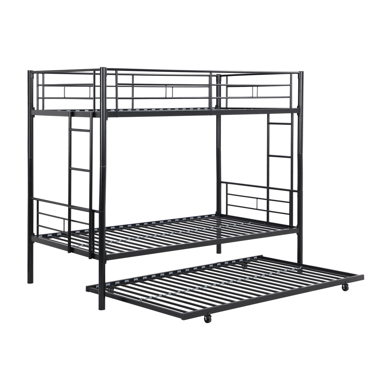 Modern Twin Over Twin Metal Bunk Bed with Trundle Black Durable Space-Saving Design - Grand Goldman Shop
