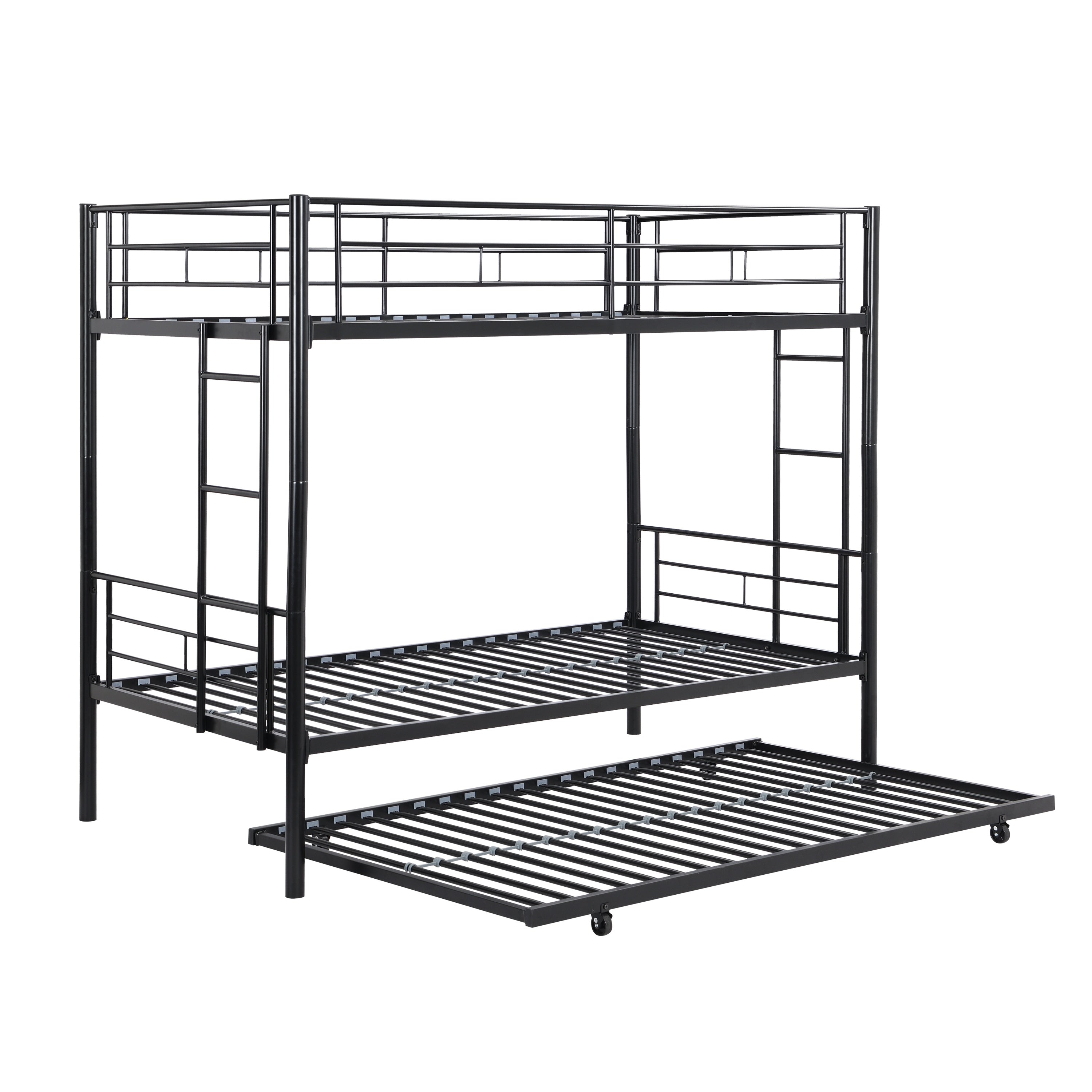 Modern Twin Over Twin Metal Bunk Bed with Trundle Black Durable Space-Saving Design - Grand Goldman Shop