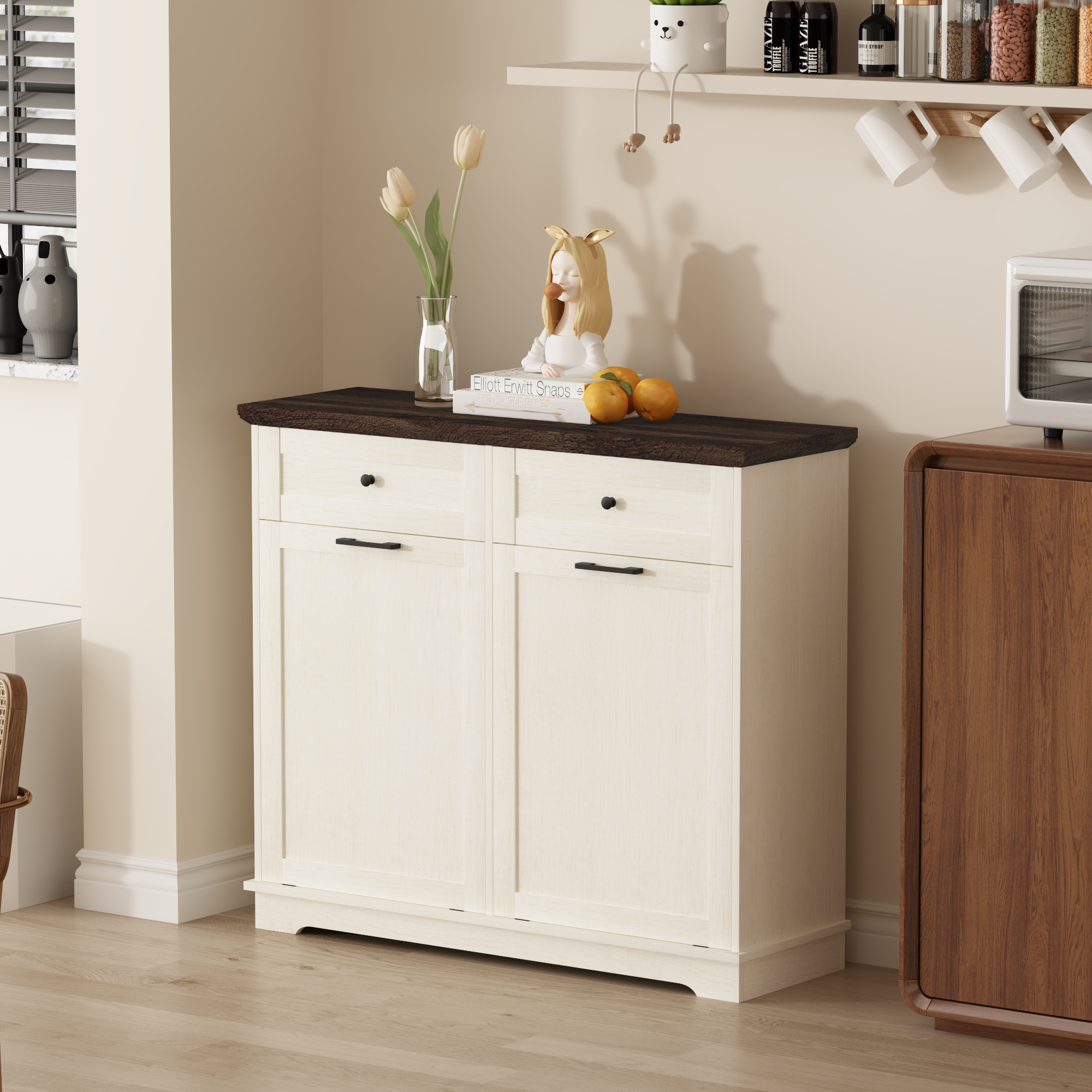 20 Gallon Tilt Out Trash Cabinet Freestanding Trash Bin Cabinet Wood Garbage Recycling Cabinet with Drawer Pet Proof Trash Can Holder for Kitchen Living Room, Antique White (Not include trash can) - Grand Goldman Shop