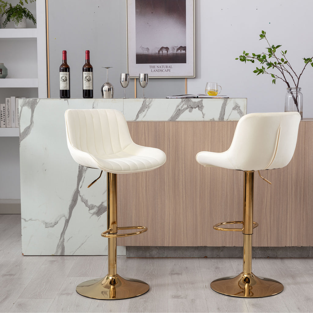 Chrome Footrest and Base Swivel Height Adjustable Mechanical Lifting Velvet + Golden Leg Simple Bar Stool,Set of 2,Ivory - Grand Goldman Shop