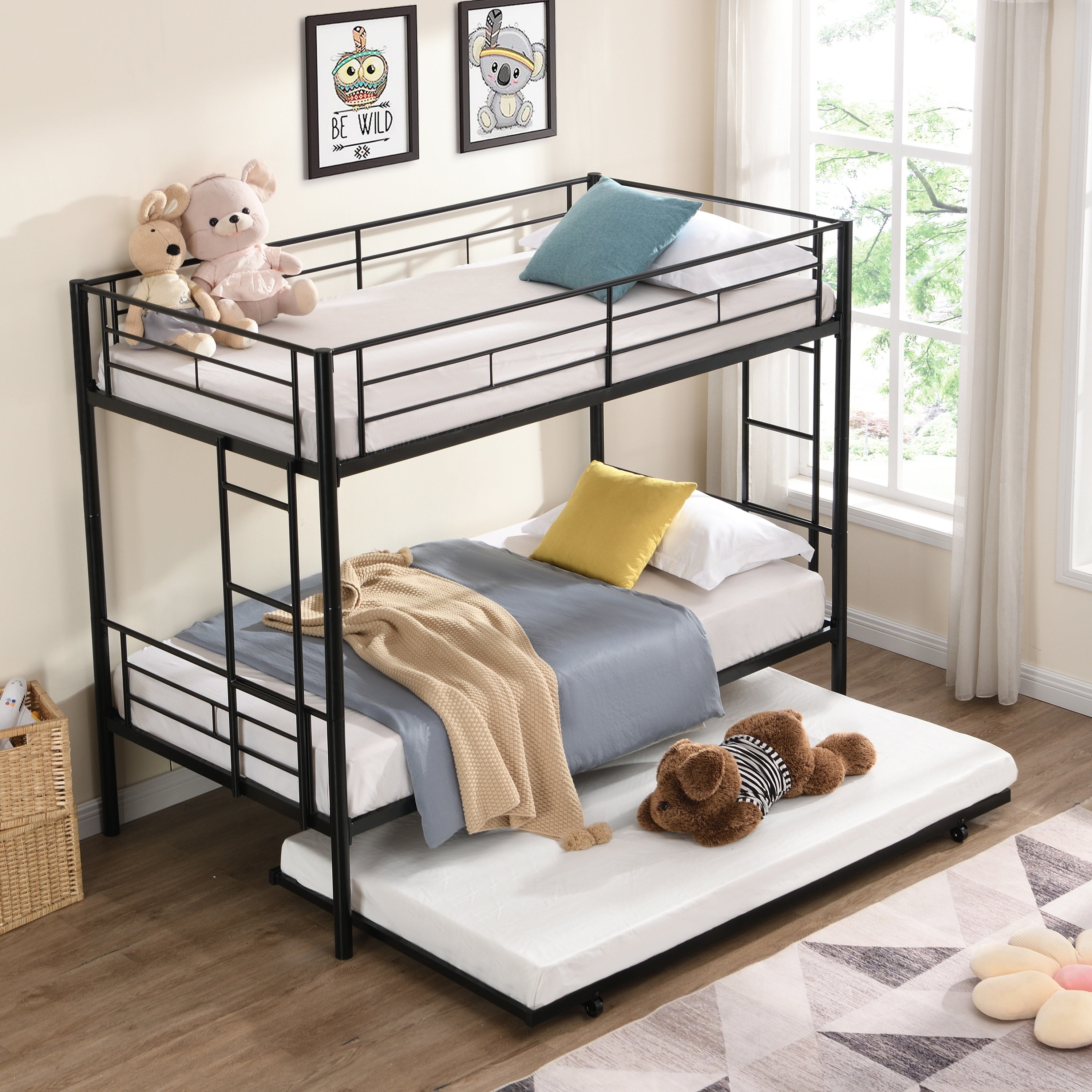 Modern Twin Over Twin Metal Bunk Bed with Trundle Black Durable Space-Saving Design - Grand Goldman Shop