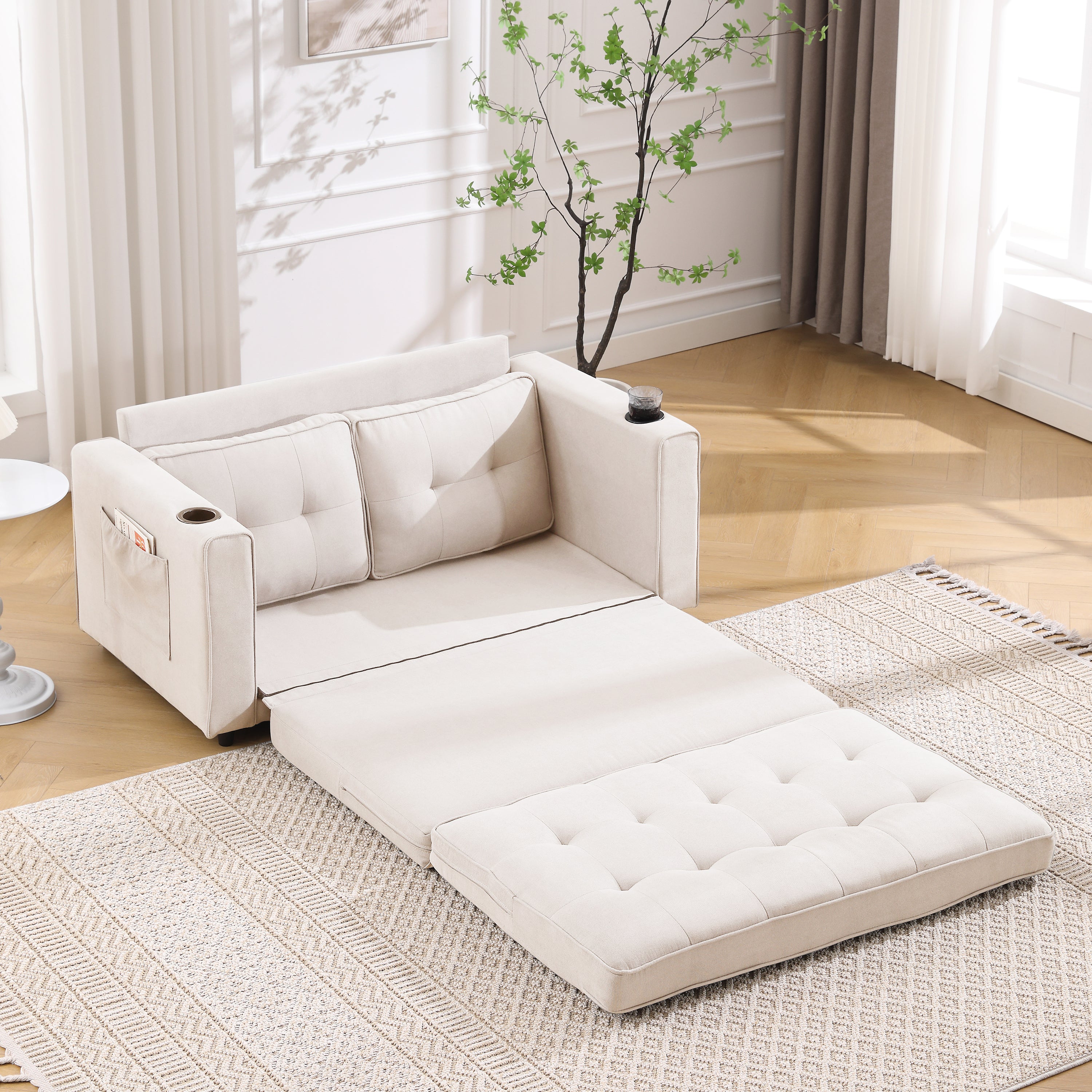 {VIDEO Provided}3-in-1 Upholstered Futon Sofa Convertible Sofa bed,Foldable Tufted Loveseat with Pull Out Sleeper Couch Bed,Folding Mattres Love Seat Daybed W/Side Pockets and Cup Holder, Beige - Grand Goldman Shop