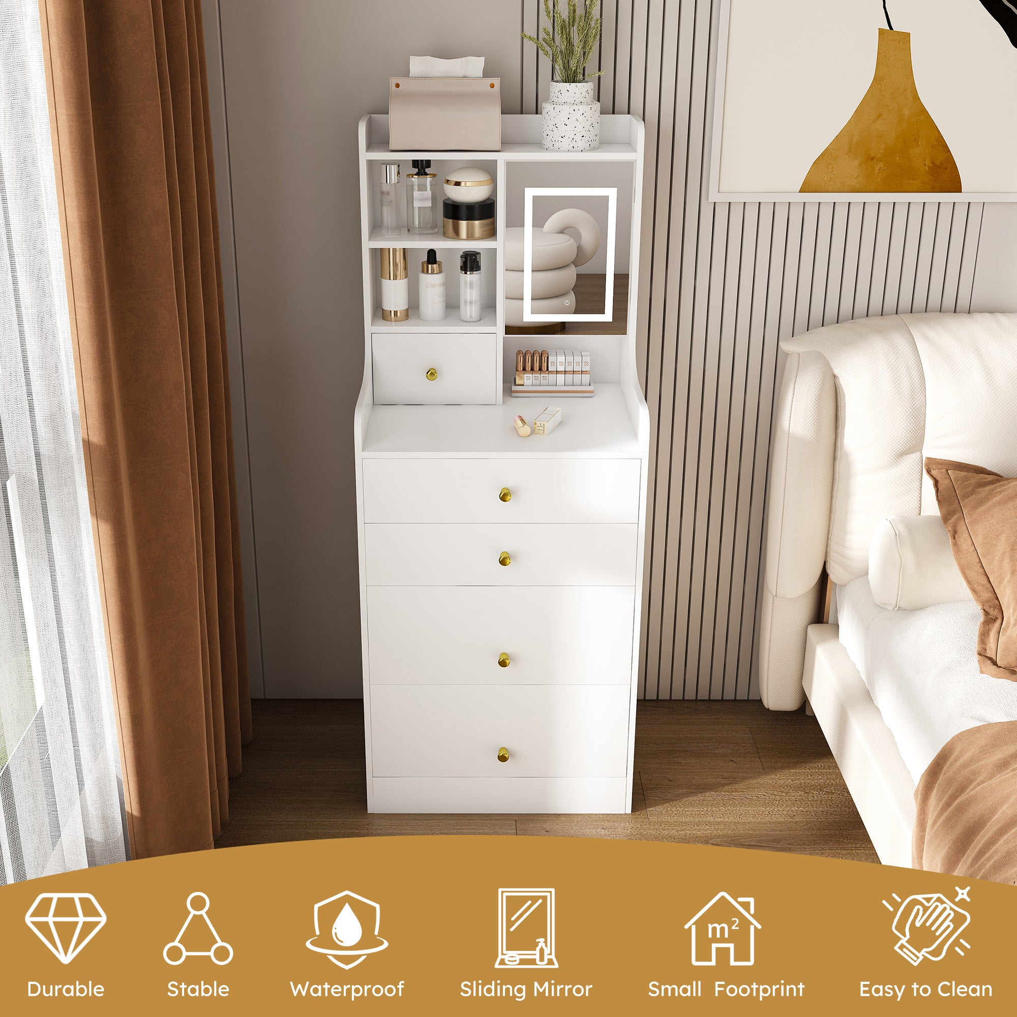 3-in-1 Dressing Table with LED Mirror & Storage Stool, Compact Makeup Vanity, White MDF, 50.39x19.69x15.75 inches - Grand Goldman Shop
