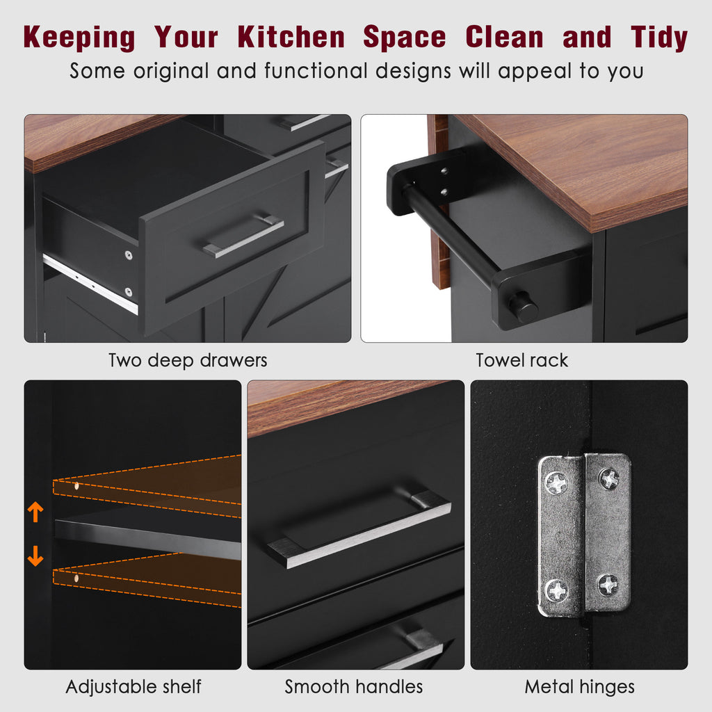 K&K 47.2' Farmhouse Kitchen Island with Drop Leaf, Kitchen Storage Island with Removable Side Racks, Two Drawers, Rolling Kitchen Cart on Wheels with Towel Rack, for Home, Kitchen, Dining Room, Black - Grand Goldman Shop