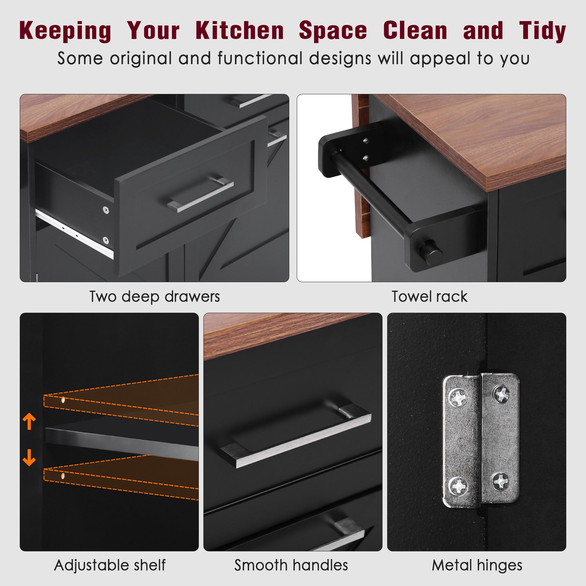 K&K 47.2' Farmhouse Kitchen Island with Drop Leaf, Kitchen Storage Island with Removable Side Racks, Two Drawers, Rolling Kitchen Cart on Wheels with Towel Rack, for Home, Kitchen, Dining Room, Black - Grand Goldman Shop