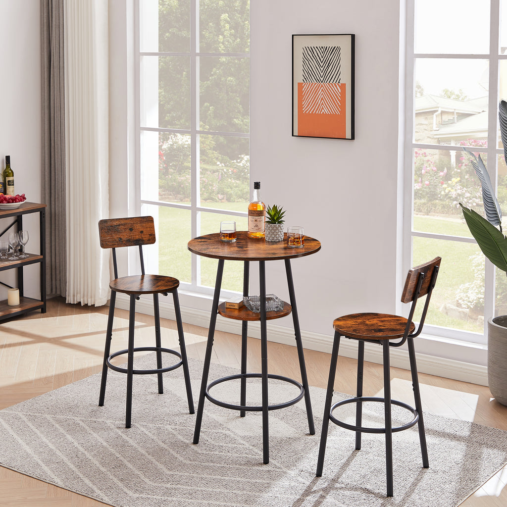 Round bar stool set with shelves, stool with backrest Rustic Brown, 23.6'' Dia x 35.4'' H - Grand Goldman Shop