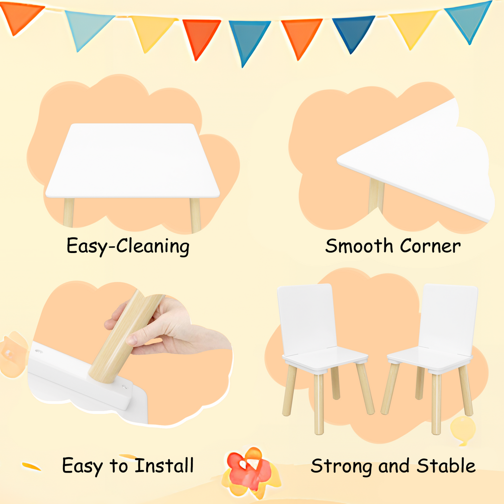 White Wooden Kids Table and 2 Chairs Set, 3-Piece Toddler Activity Play Table with Solid Wood & MDF Construction, Compact Siz
