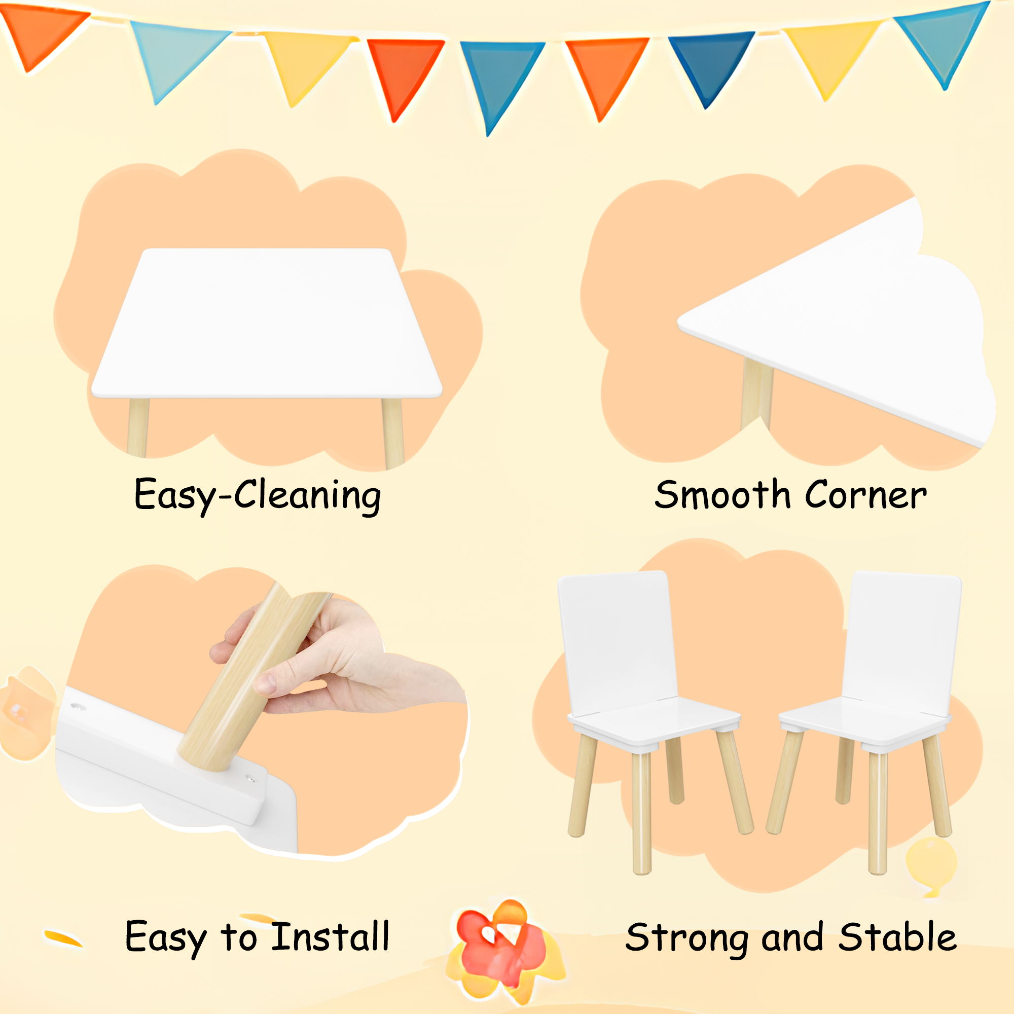 White Wooden Kids Table and 2 Chairs Set, 3-Piece Toddler Activity Play Table with Solid Wood & MDF Construction, Compact Siz